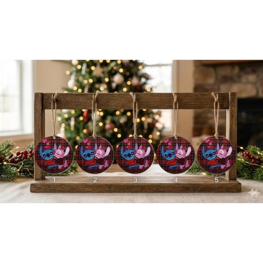 Lot of 5 Disney Stitch Angel Christmas Ornament Ceramic Red Plaid Holiday New